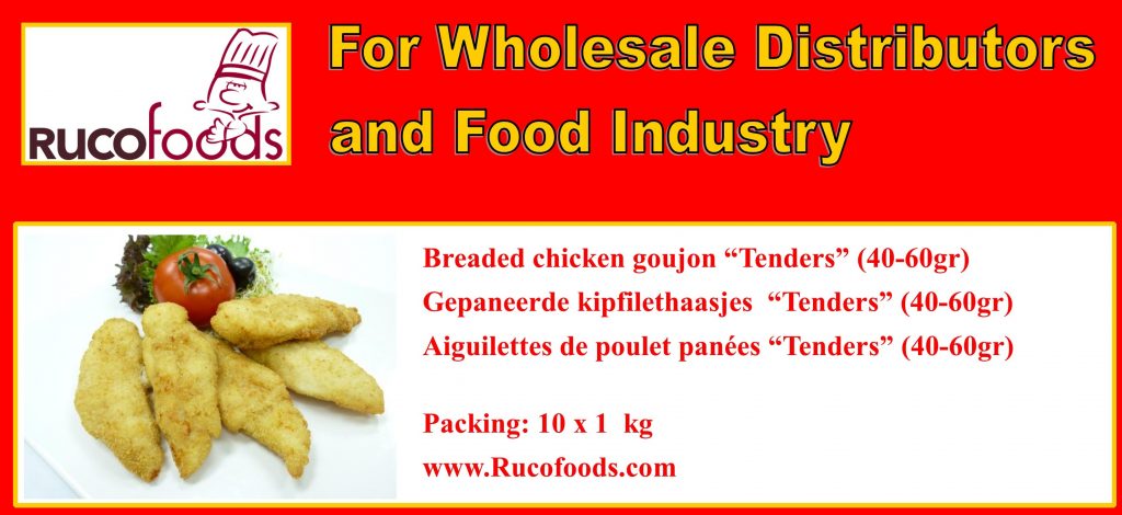 Breaded chicken goujong "Tenders" Gepaneerde kipfilethaasjes "Tenders" Aiguilettes de poulet panées "Tenders" (40-60gr)