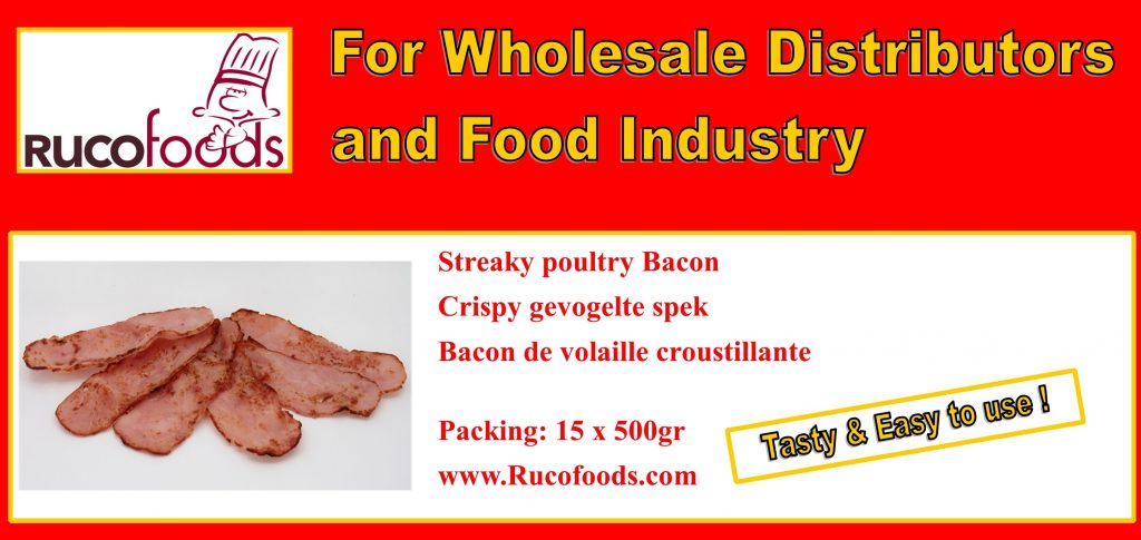 Halal Streaky poultry Bacon  for breakfast,/ Halal krokant gevogelte spek  voor ontbijt/ Bacon de volaille croustillante halal pour petit déjeuner