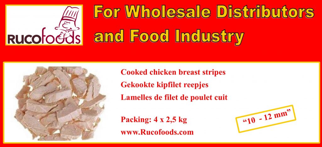 Cooked chicken breast stripes // Gekookte braadkip/kuiken filet reepjes //  Lamelles de filet de poulet cuit